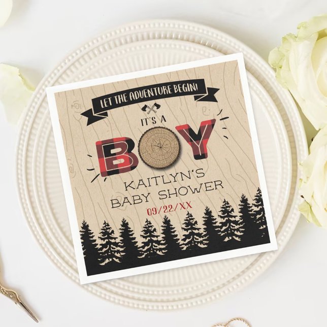 Rustic Forest Plaid Lumberjack Boys Baby Shower Napkin (Creator Uploaded)