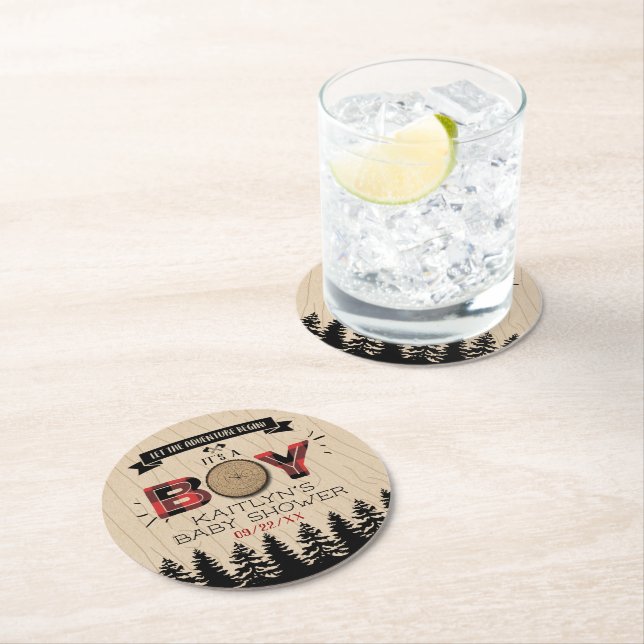 Rustic Forest Plaid Lumberjack Boys Baby Shower Round Paper Coaster (Insitu)
