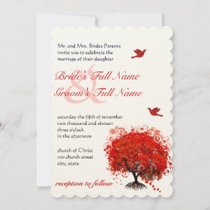 Rustic Forest Red Tree Love Birds Wedding Invitation