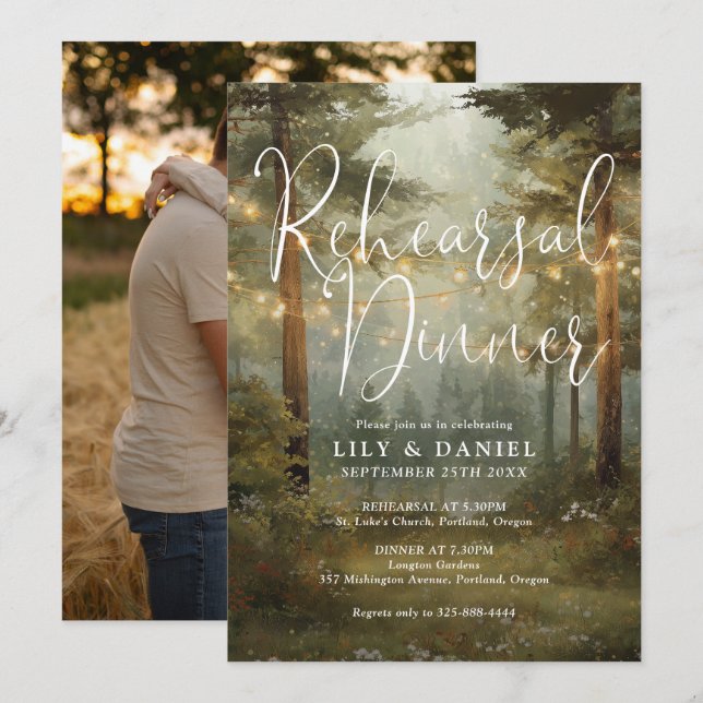 Rustic Forest String Lights Photo Rehearsal Dinner Invitation (Front/Back)