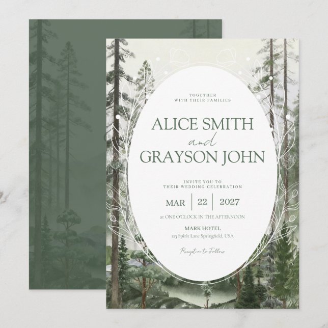 Rustic Forest Tree Classic Watercolor Wedding  Invitation (Front/Back)