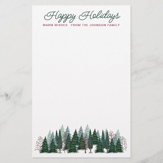 Rustic forest trees happy Holidays Stationery (Front)