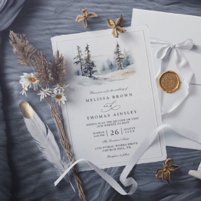 Rustic Forest Trees Pine Elegant QR Code Wedding Invitation (Creator Uploaded)