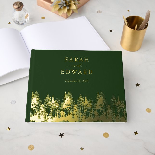 Rustic Forest Wedding Gold Foil Guestbook (Front Open)