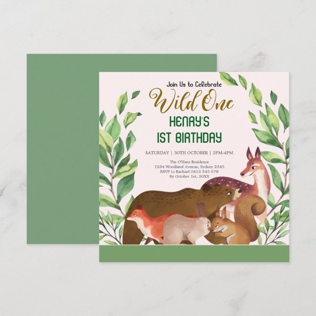 Rustic Forest Woodland Animals Wild One Birthday Invitation (Front/Back)