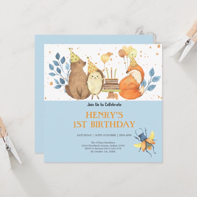 Rustic Forest Woodland Animals Wild One Birthday Invitation (Front/Back In Situ)