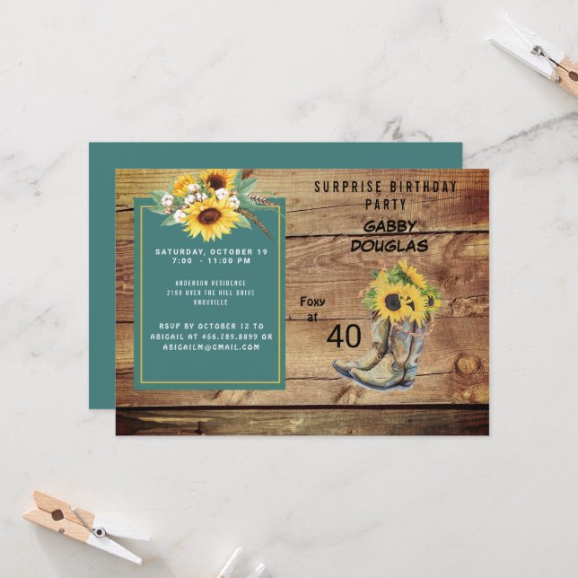Rustic Fortieth Birthday Sunflower Party Invitation (Front/Back In Situ)