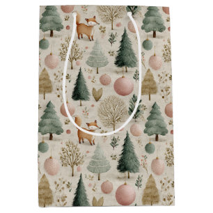 Rustic Fox and Christmas Tree with Pastel Ornament Medium Gift Bag