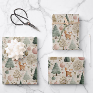 Rustic Fox and Christmas Tree with Pastel Ornament Wrapping Paper Sheet