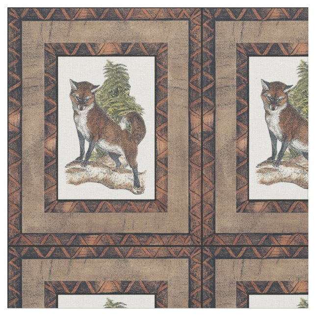 Rustic Fox Stepping on a Tree Trunk Fabric (Close Up)