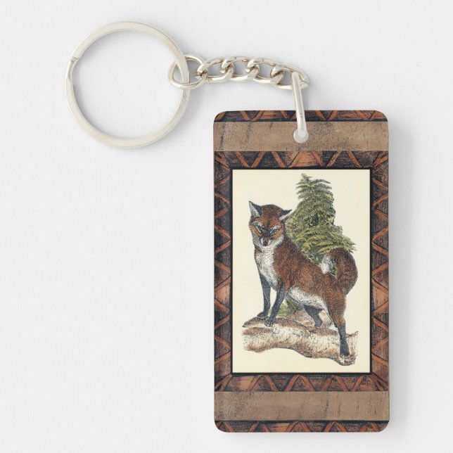 Rustic Fox Stepping on a Tree Trunk Key Ring (Front)