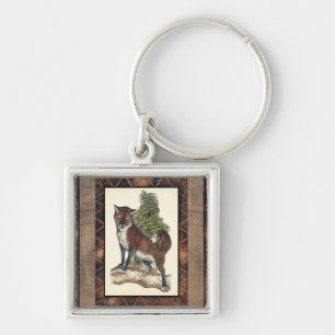 Rustic Fox Stepping on a Tree Trunk Key Ring