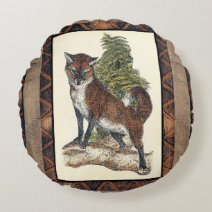 Rustic Fox Stepping on a Tree Trunk Round Cushion
