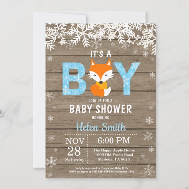 Rustic Fox Winter Boy Baby Shower Invitation (Front)