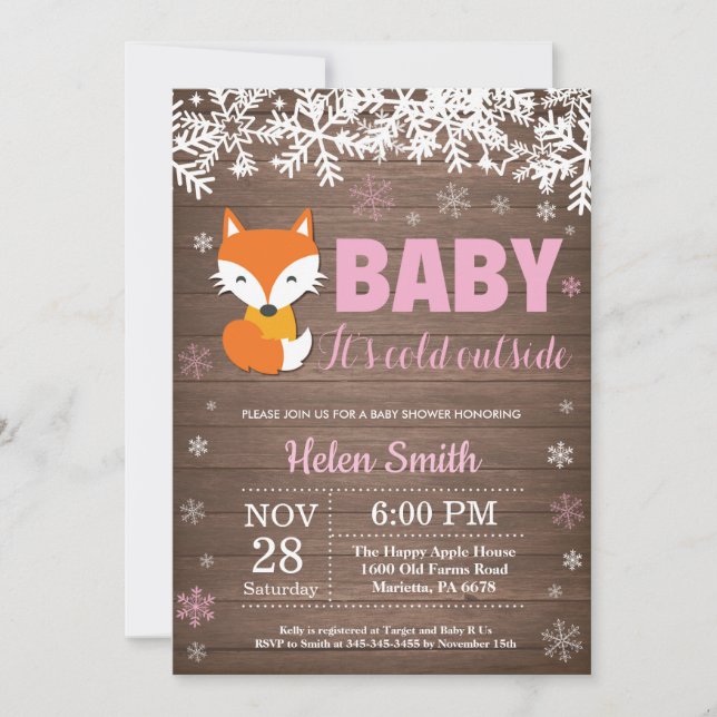 Rustic Fox Winter Girl Baby Shower Invitation (Front)