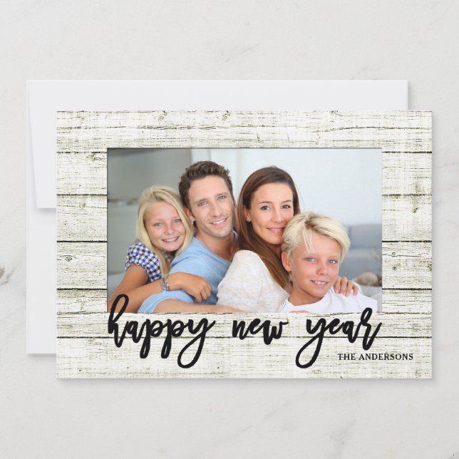 Rustic Frame Happy New Year Script Holiday Photo (Front)