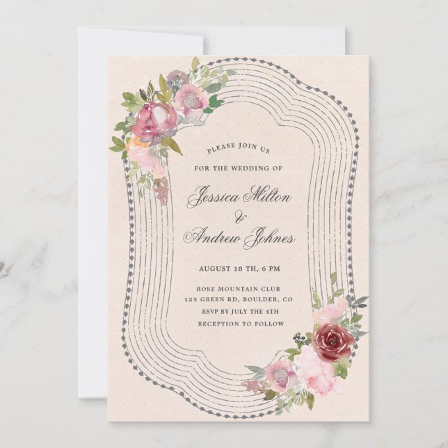 rustic frame soft pink burgundy floral wedding invitation (Front)