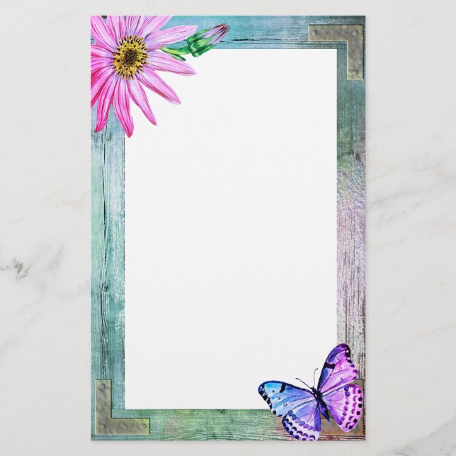 Rustic Frame with Flower and Butterfly Stationery (Front)