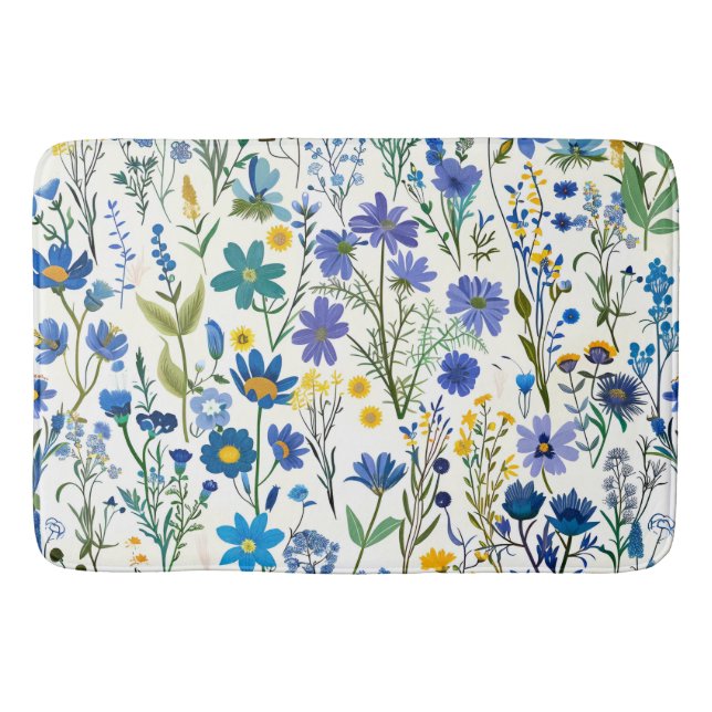 Rustic French Blue Garden Wildflowers Bath Mat (Front)