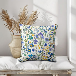 Rustic French Blue Garden Wildflowers Cushion