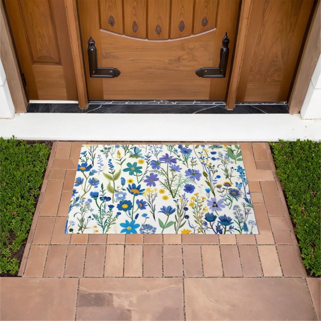 Rustic French Blue Garden Wildflowers Doormat (Outdoor)
