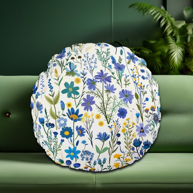 Rustic French Blue Garden Wildflowers Round Cushion (Creator Uploaded)
