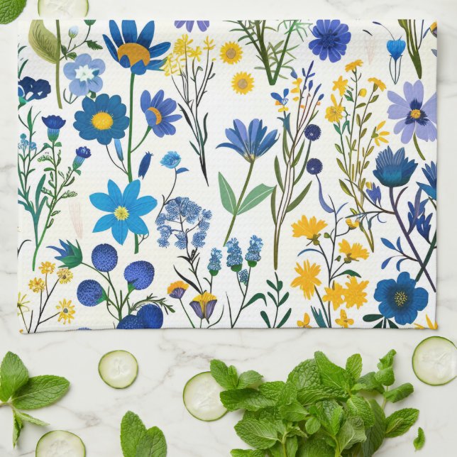 Rustic French Blue Garden Wildflowers Tea Towel (Folded)