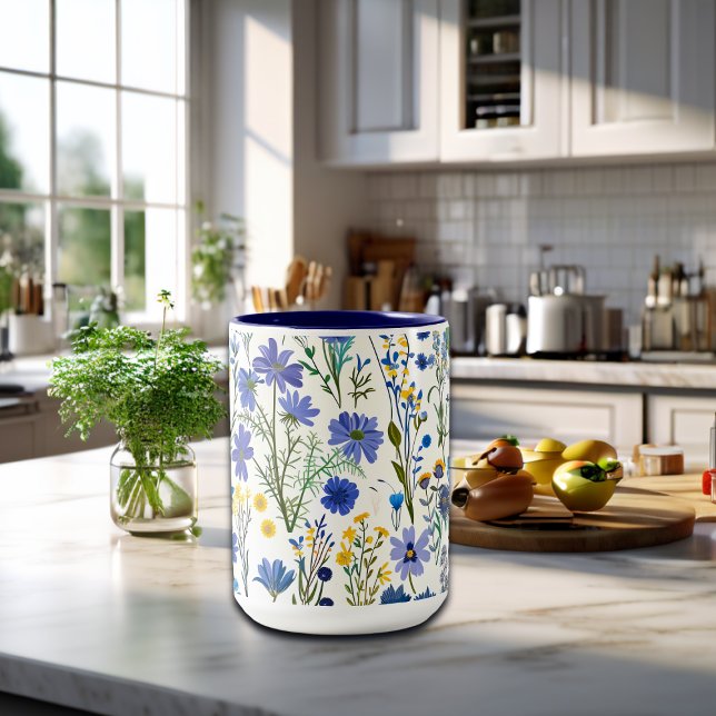 Rustic French Blue Garden Wildflowers Two-Tone Coffee Mug (Creator Uploaded)