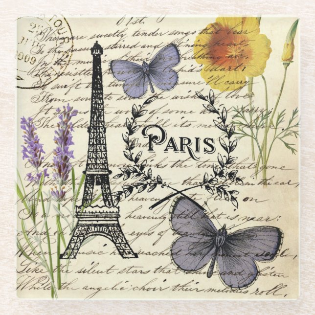 rustic french country scripts paris eiffel tower glass coaster (Front)