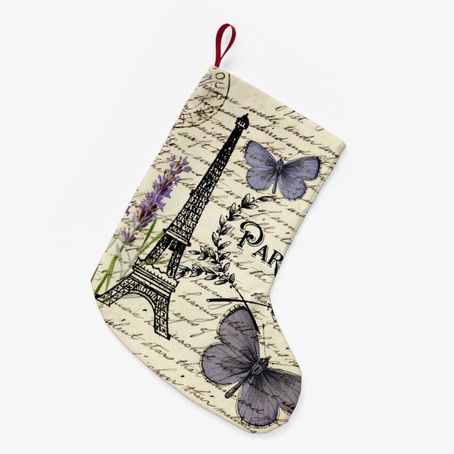 rustic french country scripts paris eiffel tower small christmas stocking (Front (Hanging))
