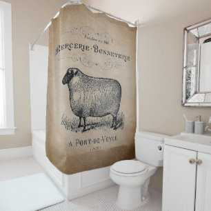 Rustic French Country Sheep Typography Farmhouse Shower Curtain
