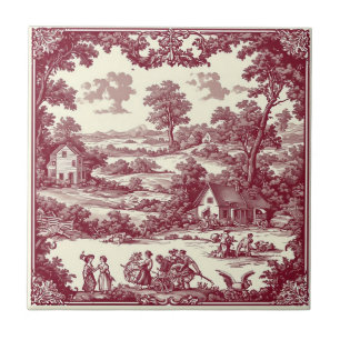 Rustic French Countryside Pastoral Scene Burgundy Tile