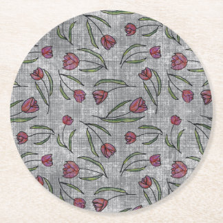 Rustic French Linen Tulip Pattern: Pink Floral Ele Round Paper Coaster