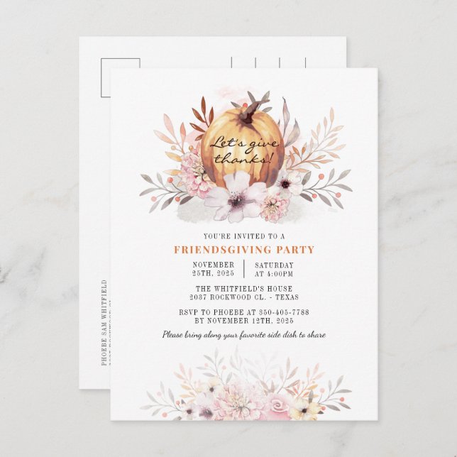 Rustic Friendsgiving Floral Fall Leaves Pumpkin Invitation Postcard (Front/Back)