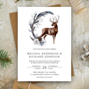 Rustic Frosted Pine Leaves Forest Deer Wedding Invitation