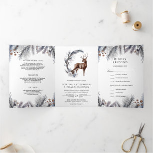 Rustic Frosted Pine Leaves Forest Deer Wedding Tri-Fold Invitation