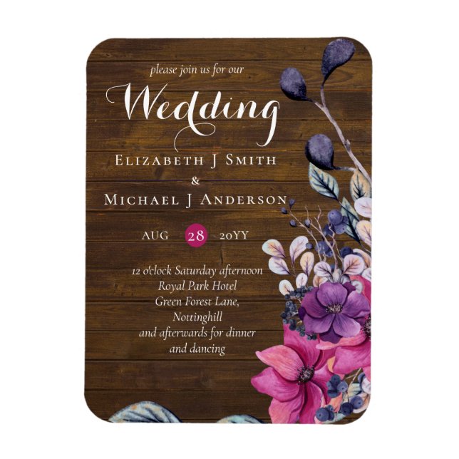 Rustic Fuchsia Floral Woodland Wedding Magnet (Vertical)