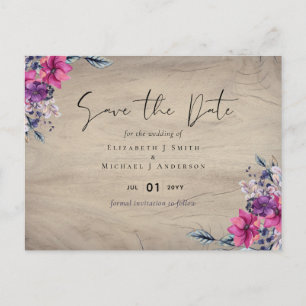 Rustic Fuchsia Floral Woodland Wedding Save Dates Postcard