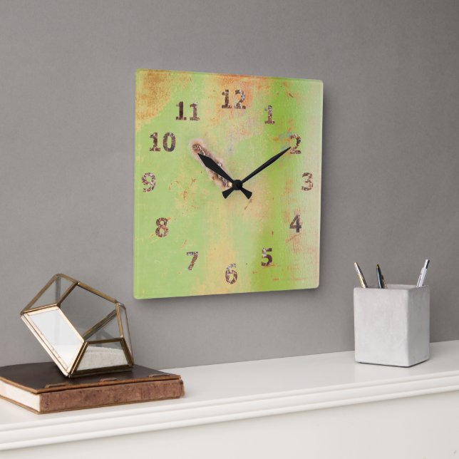 Rustic Garage Workshop Green Metal Patina Weld Square Wall Clock (Office)