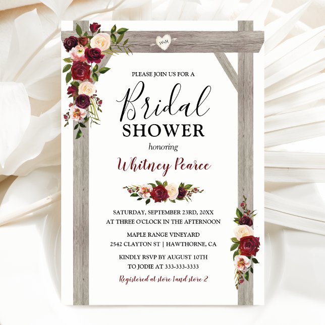 Rustic Garden Burgundy Blush Floral Bridal Shower Invitation (Creator Uploaded)