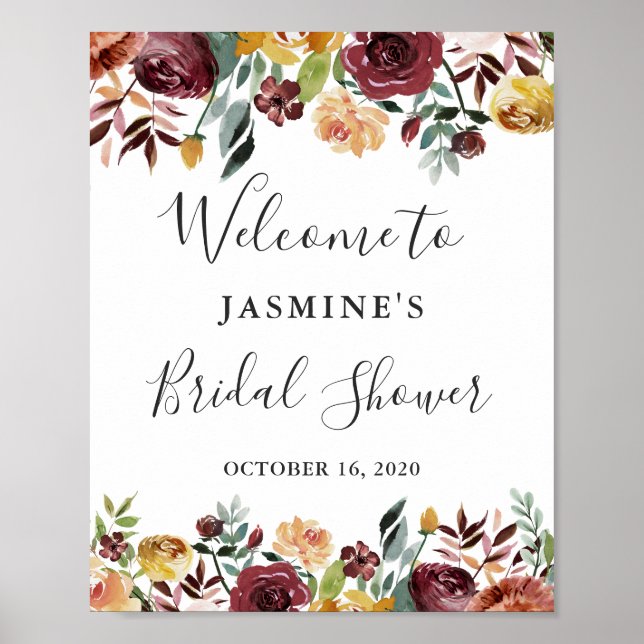 Rustic Garden Burgundy Floral Bridal Shower Sign (Front)