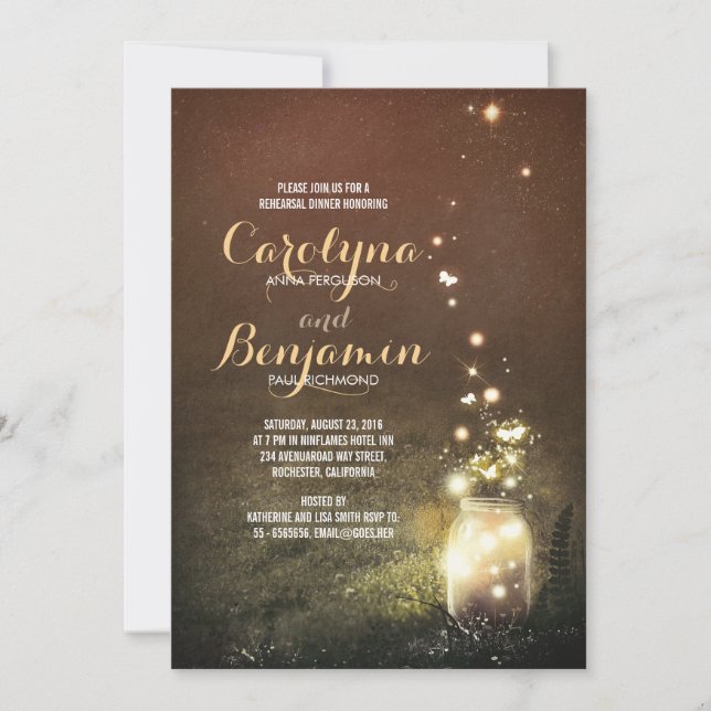Rustic Garden Fireflies Mason Jar Rehearsal Dinner Invitation (Front)
