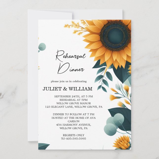 Rustic Garden Greenery Sunflower Rehearsal Dinner Invitation (Front)