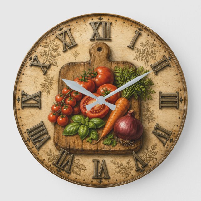 Rustic Garden Harvest Vegetable Farmhouse Kitchen Large Clock (Front)