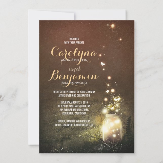 Rustic Garden Lights - Fireflies Mason Jar Wedding Invitation (Front)
