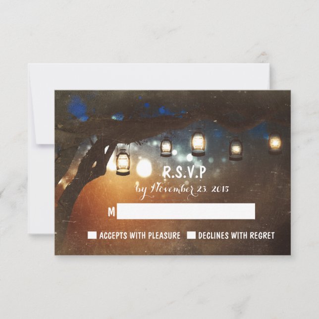 rustic garden lights outdoor wedding RSVP cards (Front)