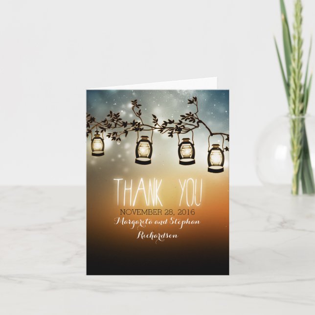 rustic garden lights wedding thank you cards (Front)