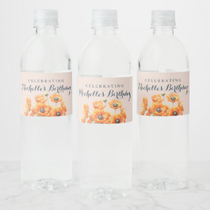 Rustic Garden Orange Floral Pink Birthday  Water Bottle Label