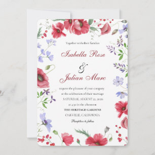 Rustic Garden Poppy & Lavender Watercolor Wedding Invitation