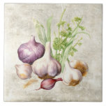 Rustic Garlic Watercolor Faux Texture Kitchen Tile<br><div class="desc">Rustic faux texture background with watercolor garlic & greens. A perfect farmhouse design. A vintage country look. Perfect for your country French or cottage farmhouse home.</div>